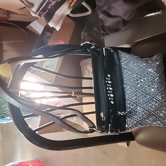 Black W/ Blue Stonewashed Denim Rhinestone Studded Shoulder Bag NWOT - Picture 3 of 11